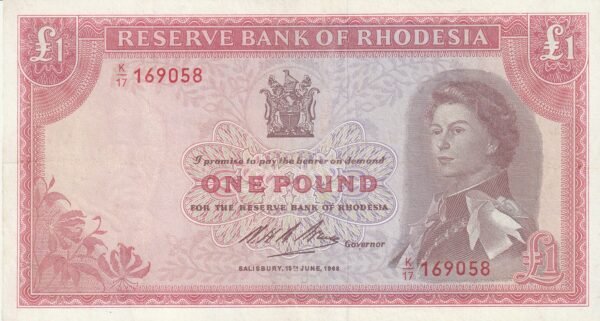 Rhodesia RHO-P-28a, 1 Pound, Nº.- K/17-169058, 15-6-1966, SC-/VF++