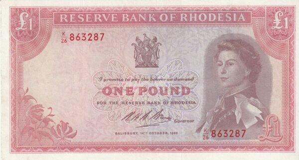 Rhodesia RHO-P-28a, 1 Pound, Nº.- K/26-863287, 14-10-1968, SC-/XF+++