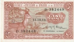 Ruanda-Burundi RWB-P-1a, 5 Fcos., 15-9-1960, Nº.- D382449, XF