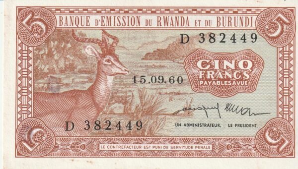 Ruanda-Burundi RWB-P-1a, 5 Fcos., 15-9-1960, Nº.- D382449, XF