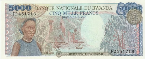 Ruanda RWD-P-22.1, 5.000 Fcos, 1-1-1988, UNC