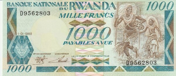 Ruanda RWD-P-21.1, 1.000 Fcos, 1-1-1988, UNC
