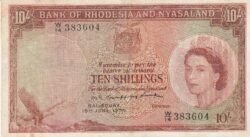 Rhodesia & Nyasaland RNY-P-20a, 10 Shillings, Nº.- W/14-383604, ND-1956/61, XF+