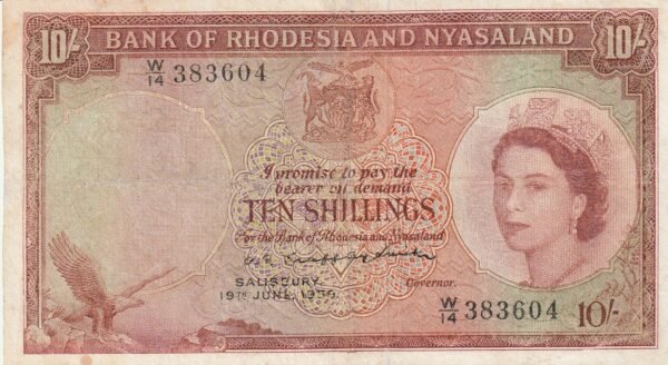 Rhodesia & Nyasaland RNY-P-20a, 10 Shillings, Nº.- W/14-383604, ND-1956/61, XF+
