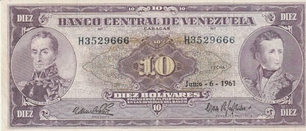 Venezuela VNZ-P-42a, 10 Bolívares, 6-6-1961, Nº.- H3529666, VF-