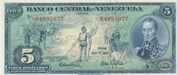 Venezuela VNZ-P-49, 5 Bolívares, 10-5-1966, aUNC