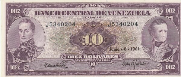 Venezuela VNZ-P-42a, 10 Bolívares, Nº.- J5340204, 6-6-1960, aUNC/XF++