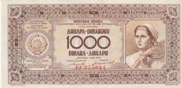 Yugoslavia YGL-P-67a, 1.000 Dinara, 1946, Nº  EJ275014, UNC