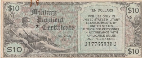 Estados Unidos USA-P-M28, 10 $, Serie 481, D17765038D, 1951, Look Scand, VF/Óxido