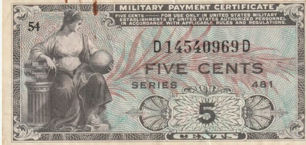 Estados Unidos USA-P-M22, 5 Ctmos., Nº.- D14540969D, ND-1951/4, Serie 481, Look Scand, XF/Óxido