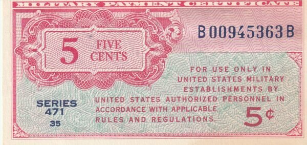 Estados Unidos USA-P-M8, 5 Ctmos., ND-1947, Serie 471/35, Look Scand, UNC