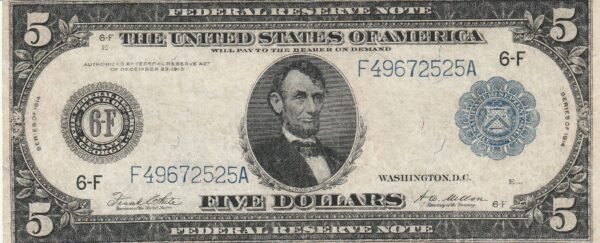 Estados Unidos USA-P-359, 5 $, Nº.- F49672525A, 1914, Look Scand, XF