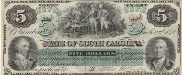 Estados Unidos USA-P-State of South Carolina, 5 $, 1872, Nº.- 3428, Look Scand, aUNC