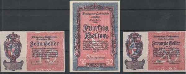 Liechtenstein LCH-P-1/3, Set 10, 20 y 50 Heller, ND-1920, UNC