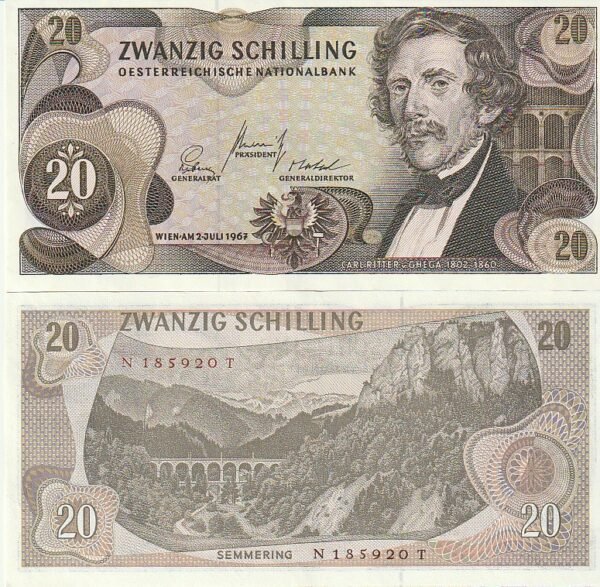 Billete de Austria, AUT-142a(2), 20 Schilling, 2-Julio-1967, Carl Ritter-Chega, UNC