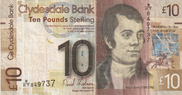 Escocia SCL-P-229Jb, 10 Pounds, Clydesdale Bank, 25-Enero-2013, Nº.- W/KT-849737, Roberth Burns, Polímero, VF-