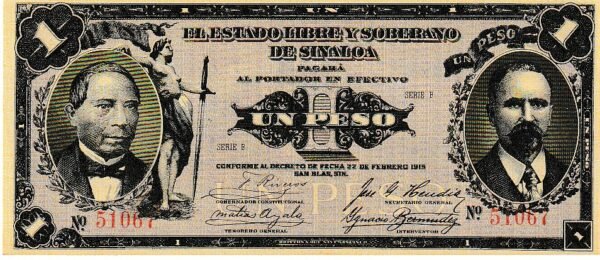 México MEX-P-S1043a, 1 Peso, 22-Febrero-1915, Nº.- 51067, Resello Azul Reverso, UNC