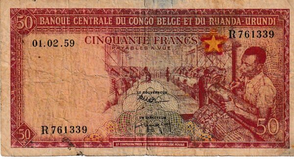 Ruanda-Burundi RWB-P-32, 50 Fcos., Nº.- R761339, 1-Febrero-1959, F+