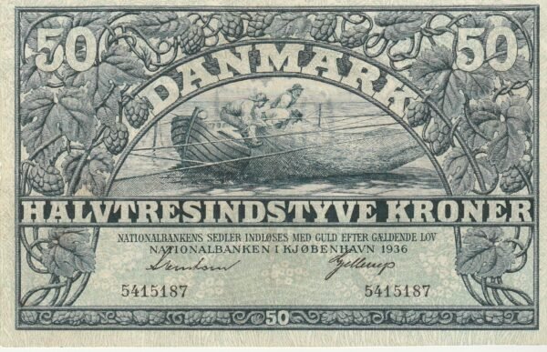 Dinamarca DNM-P-27d, 50 Kronner, 1.936,Nº.- 5415187, Look Scans, VF++