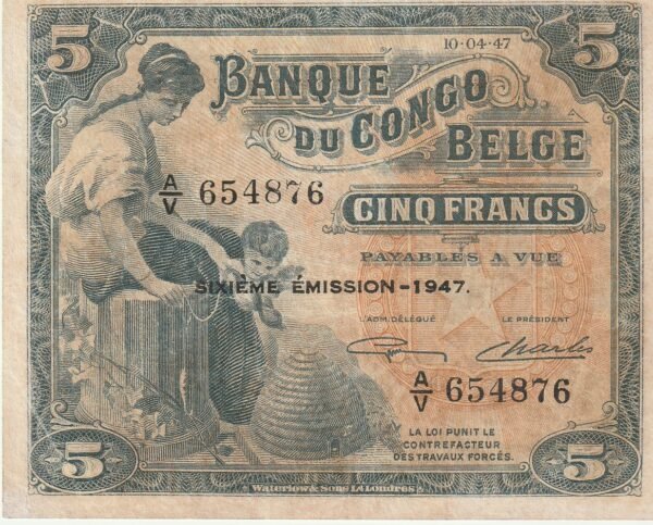 Congo Belga BCN-P-23Ad, 5 Fcos., 1947, Nº.- A/V-654876, Look Scans, VF+