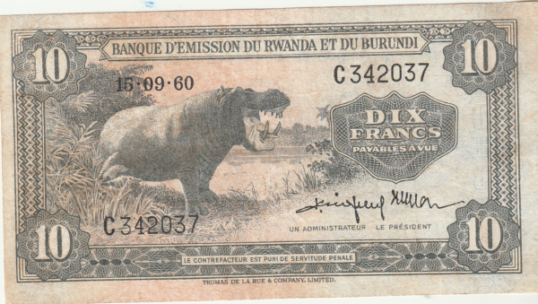 Ruanda-Burundi RWB-P-2a, 10 Fcos., 15-9-1960, Nº.- C342037, Look Scans,XF