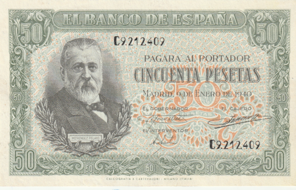 España ESP-P-117a, 50 Ptas., 9-Enero-1940, Menéndez Pelayo, Nº C9212409, XF