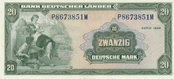 Alemania GER-P-17a, 20 Mark, 22-Agosto-1949, Ocupación USA, Nº.- P867385M, XF