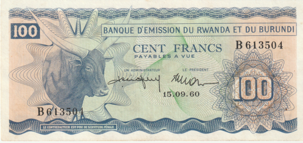 Ruanda-Burundi RWB-P-5, 100 Fcos., 15-Sept.-1960, Nº.-B613504, Look Scans, VF++