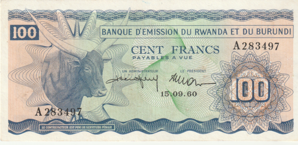 Ruanda-Burundi RWB-P-5a, 100 Fcos., 15-Sept.-1960, Nº.-A283497, Look Scans, XF