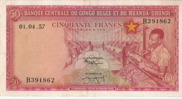 Ruanda-Burundi RWB-P-32, 50 Fcos., 1-Abril-1957, Look Scans, XF