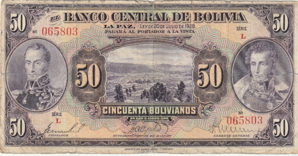 Bolivia BOL-P-123, 50 Bolivianos, Look Scans, Nº 065803, 20-Julio-1928, F+