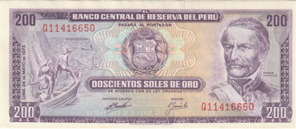 Perú PER-P-103b, 200 Soles de Oro, 24-Mayo-1973, Ramón Castilla, Look Scan, XF