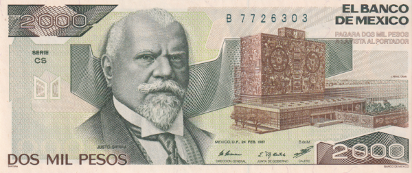 México MEX-P-86b, 2.000 Pesos, Serie CS, Justo Sierra, 24-Febrero-1987, Look Scans, UNC