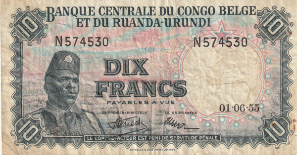 Ruanda-Burundi RWB-P-30a, 10 Fcos. 1-Junio-1965, Nº.- N574530, Look Scans, VF-