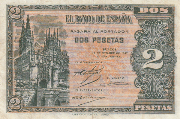 España ESP-P-105, 2 Ptas., 12-Octubre-1937, Nº.- A1214020, VF+/MBC