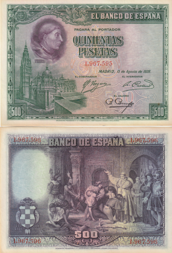 España ESP-P-77, 500 Ptas., Catálogo Guerra 372, Cardenal Cisneros, Ligero color del tiempo,UNC