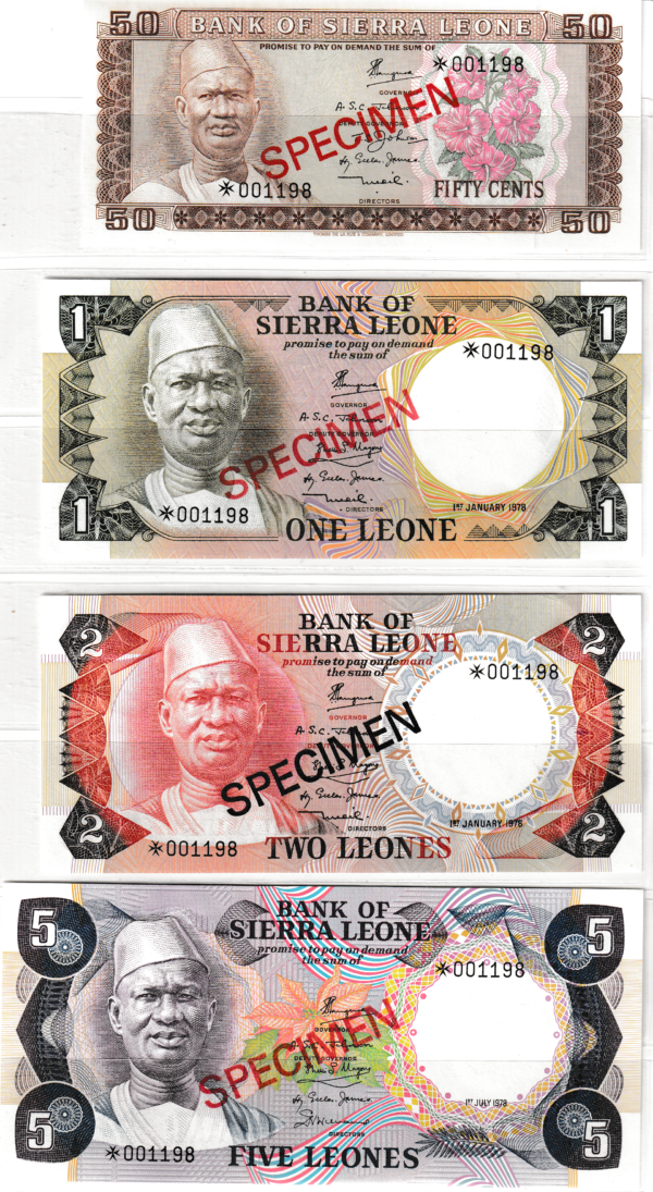 Sierra Leona SLN-P-4b-5b-6b y7b Set Specimen, 0,50 Ctmos, 1,2, y 5 Leones, 1-Julio-1978, Certificados,UNC