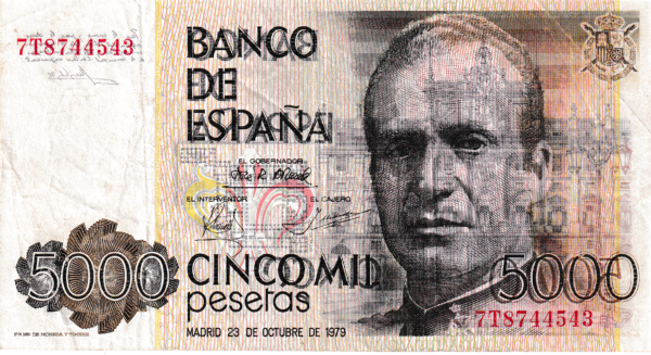 España ESP-P-160(Guerra-528), 5.000 Ptas., Juan Carlos, Nº.- 7T8744543, Sobre impresión, VF+