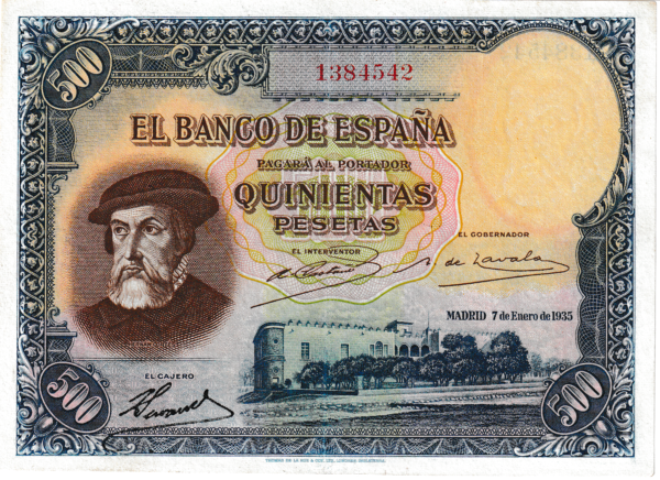 España ESP-P-89a(Guerra 385), 500 Ptas., Hernán Cortés, 7-Enero-1935, Nº.- 1384542, VF+