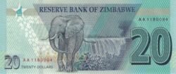 Zimbabwe ZBW-P-W104, 20$, 2020, Rev. Elefante, UNC