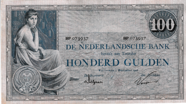 Holanda- NET-P-39d,100 Gulden, Nº.-BP-073937, 5-Diciembre-1928, Alegoría, Look Scand, XF