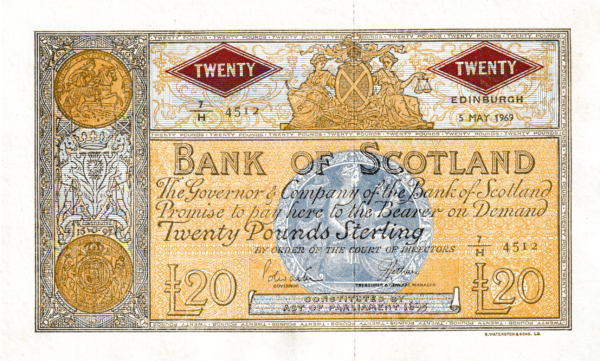 Escocia SCL-P-110A, 20 Pounds, 5-Mayo-1969, Nº.- 7/H-4512, Uniface, Look Scand, XF+