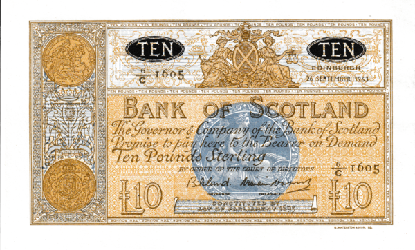 Escocia SCL-P-93c, 10 Pounds, 26-Sept.-1963, Nº.- 6/C-1605, Banco de Escocia, Uniface, Look Scand, XF+