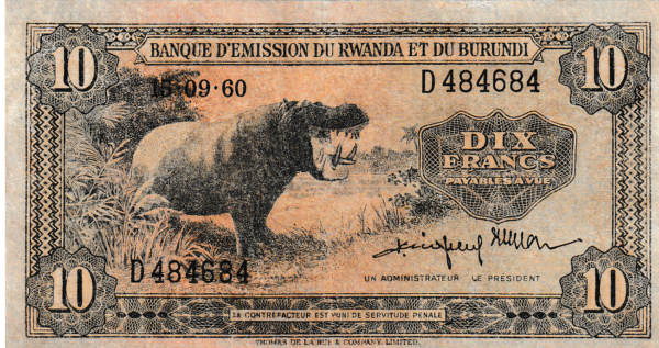 Ruanda-Burundi RWB-P-2a, 10 Fcos., 15-9-1960, Nº.-D484684, Look Scans, XF
