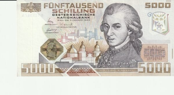 Austria, AUT-P-153, 5.000 Schilling, Nº B121367N, 4-Enero-1988, Mozart, Look Scand, aUNC