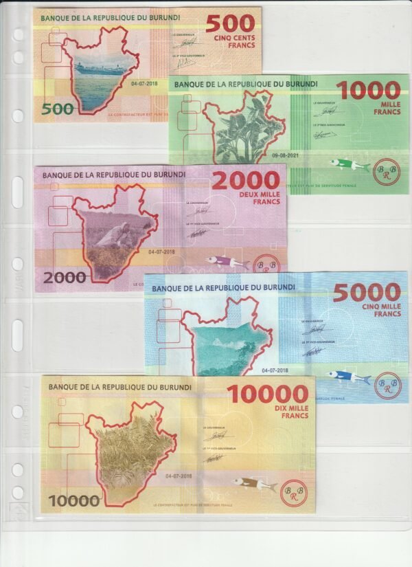 Burundi BRD-P-50/54, Set 5 valores, 500,1.000, 2.000, 5.000 y 10.000 Fcos, 2018-2021, UNC