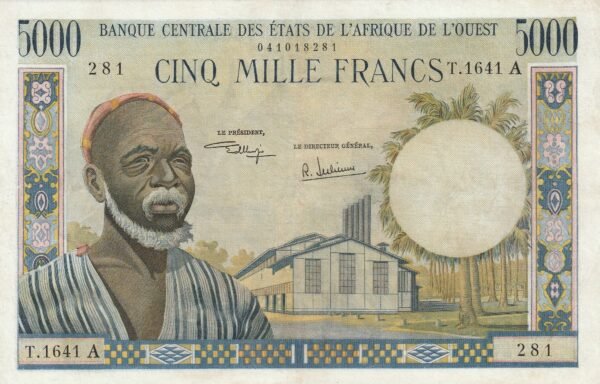 West Africa States(Côte D'ivore) SNG-P-104Ah, 5.000 Fcos., ND-1961, Nº.-041018281, Look Scand, VF-