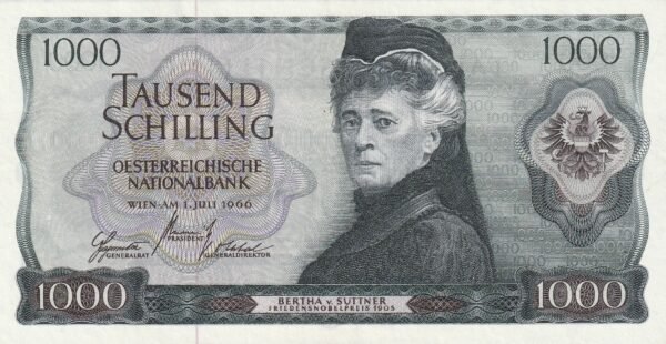 Austria AUT-P-147a, 1.000 Schilling, Nº.- E855224F, Bertha v. Suttner, 1-7-1966, XF+++