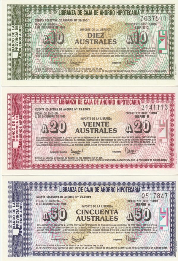 Argentina ARG-P-Libranzas Set de 10, 20 y 50 Australes, 1985, UNC