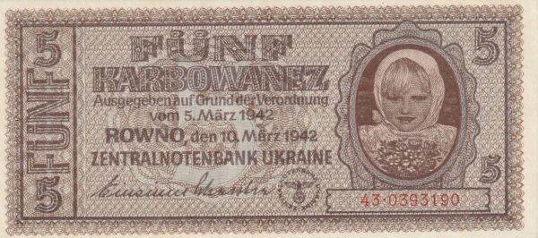 Ucrania UKN-P-51, 5 Karbowanez, Nº.- 43-0393190, 1942, Look Scand, aUNC